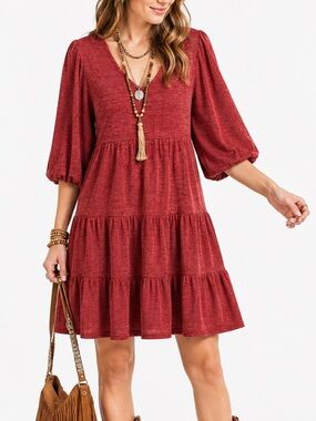 MAX STUDIO Rib Knit Elbow Sleeve Tiered Short Dress – Size S | NWT